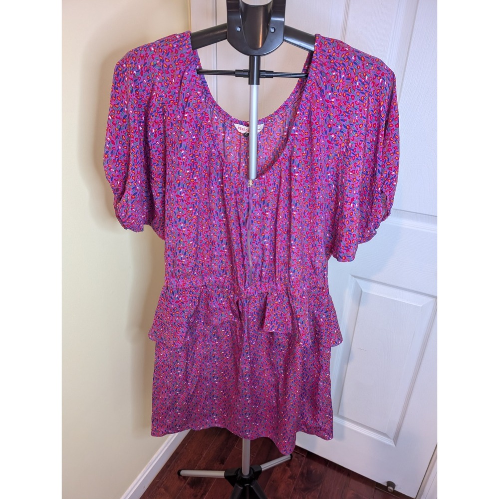 Rebecca Taylor Silk Floral Mini Dress Womens 10 Purple Peplum Puff Sleeve